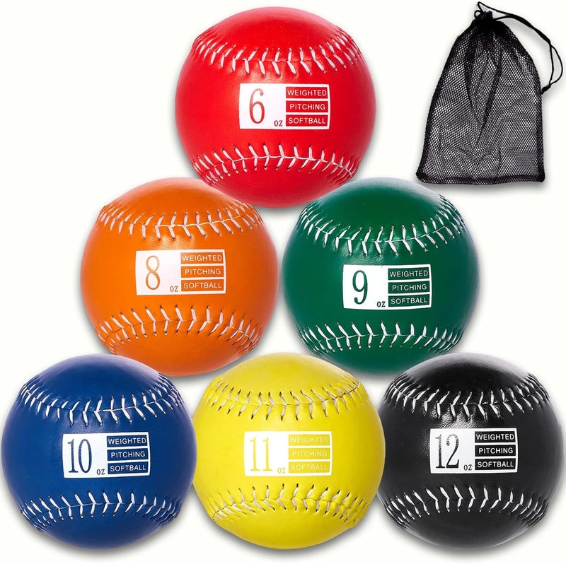 Retrora Set of 6 Weighted Softball - Training Softballs Weighted Balls for Softball with Drawstring Bag - 6oz to 12oz, 12 Inch - Help Increase Pitch Velocity - Great for All Ages & Skill Levels - Image 1